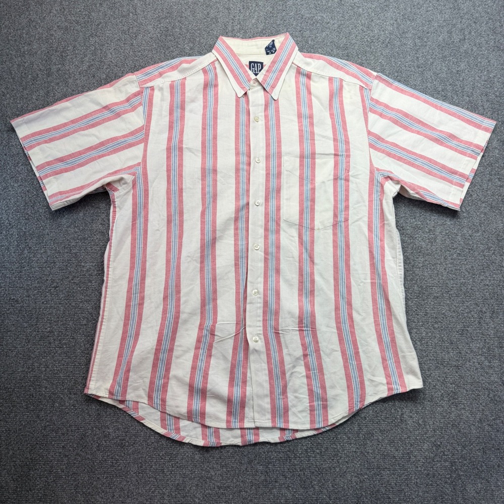 Vintage Gap Mens Large Striped Short Sleeve Button Down Shirt Red Blue White USA